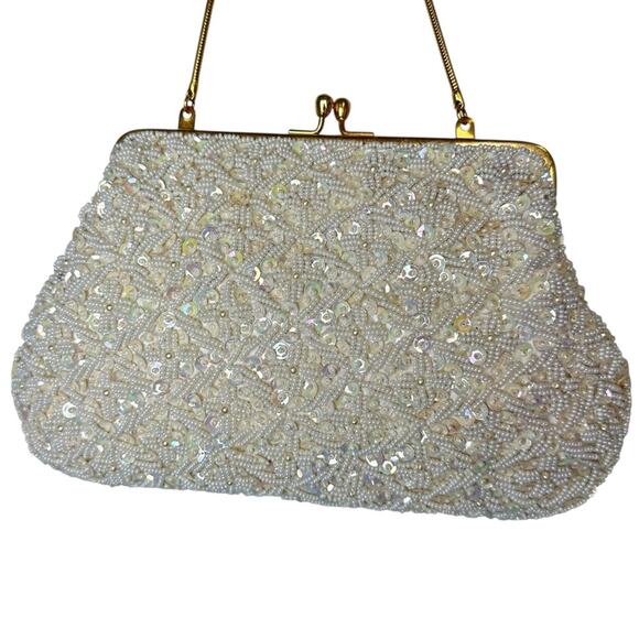 Vintage 60’s Cream Hand Beaded Clutch Purse Evening Bag Bridal Sparkle Hong Kong - Picture 2 of 10